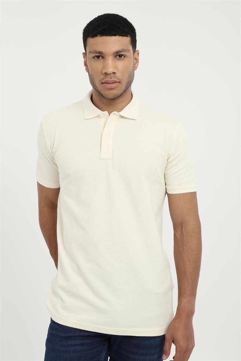 Ekru Polo Yaka Pamuklu Düz Renk Slim Fit Erkek T