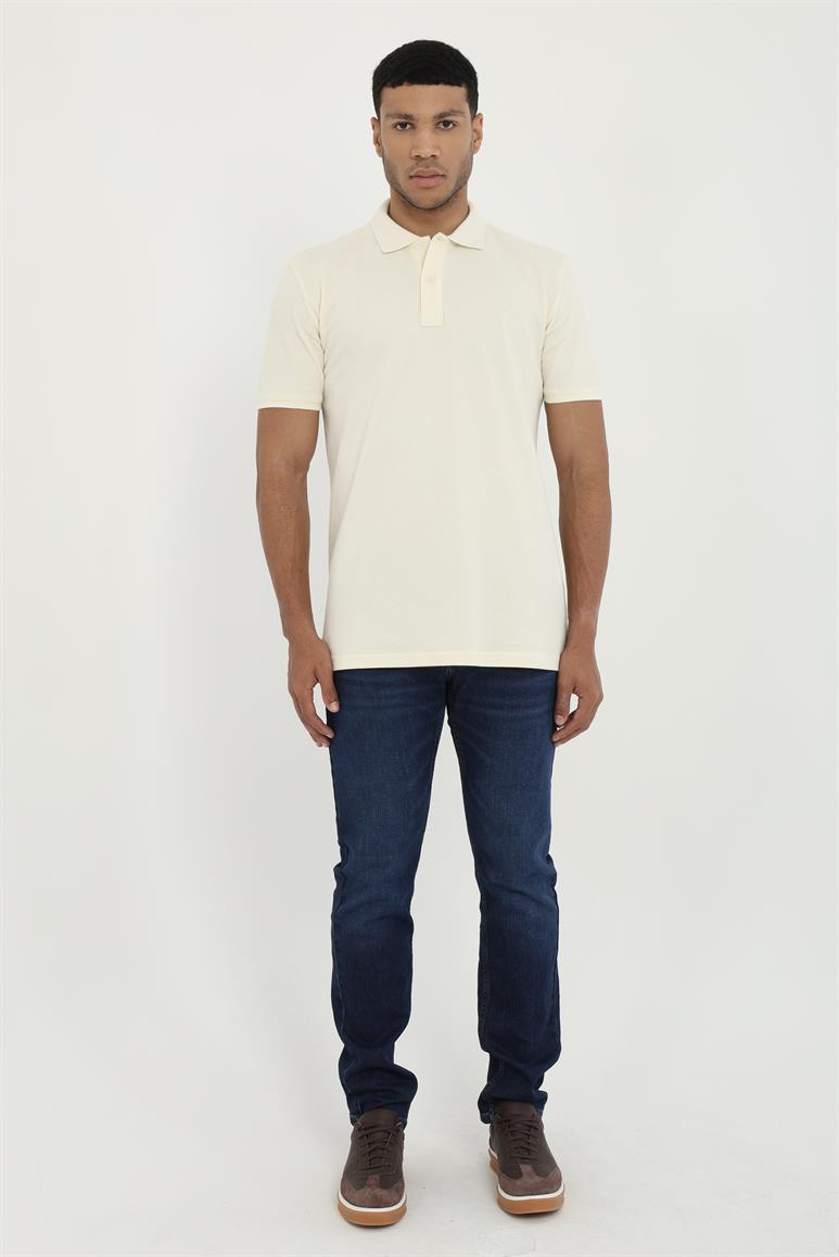 Ekru Polo Yaka Pamuklu Düz Renk Slim Fit Erkek T