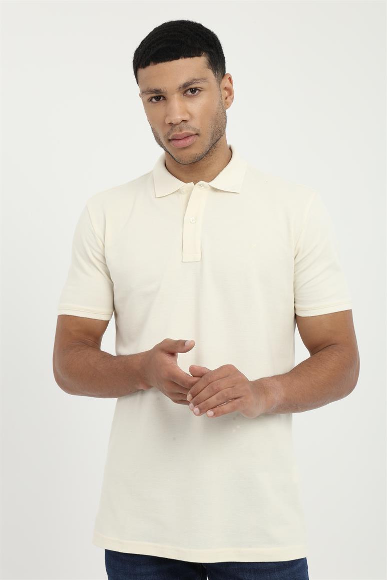 Ekru Polo Yaka Pamuklu Düz Renk Slim Fit Erkek T