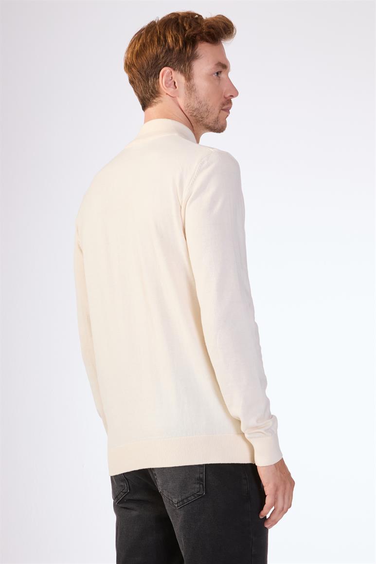 Ekru Yarım Balıkçı %100 Pamuk Düz Renk Slim Fit Erkek Triko
