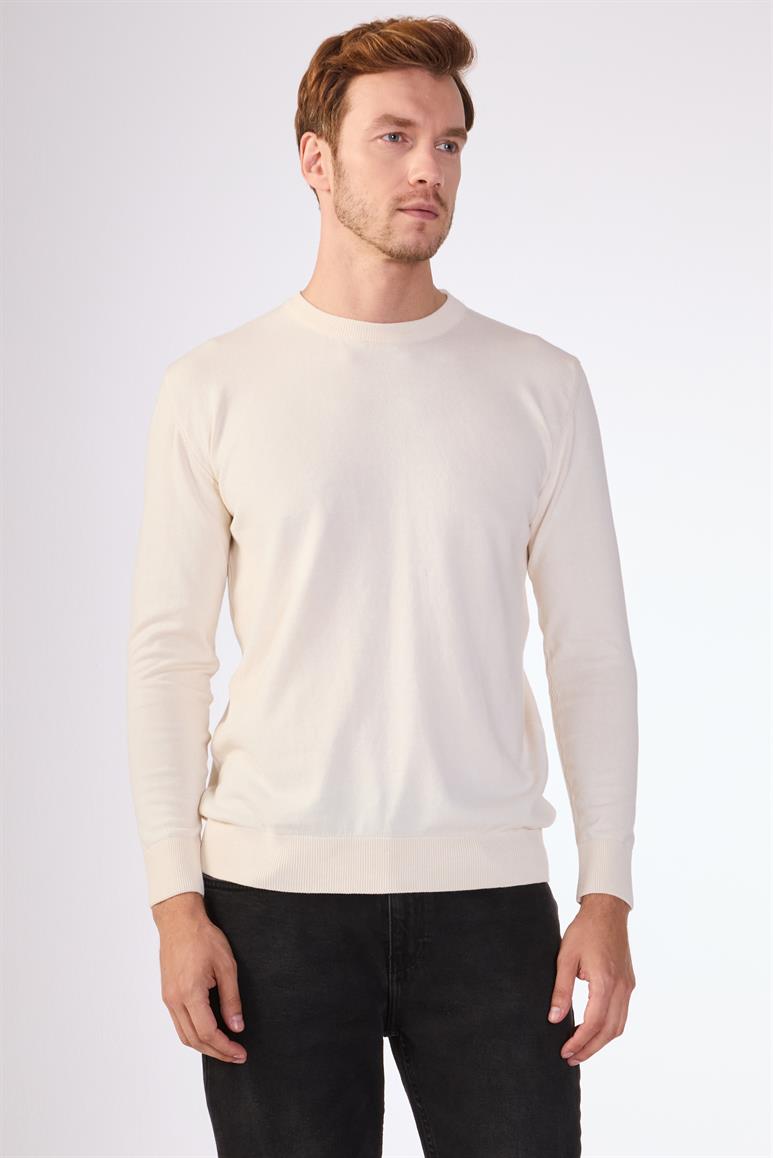Ekru Bisiklet Yaka %100 Pamuk Düz Renk Slim Fit Erkek Triko