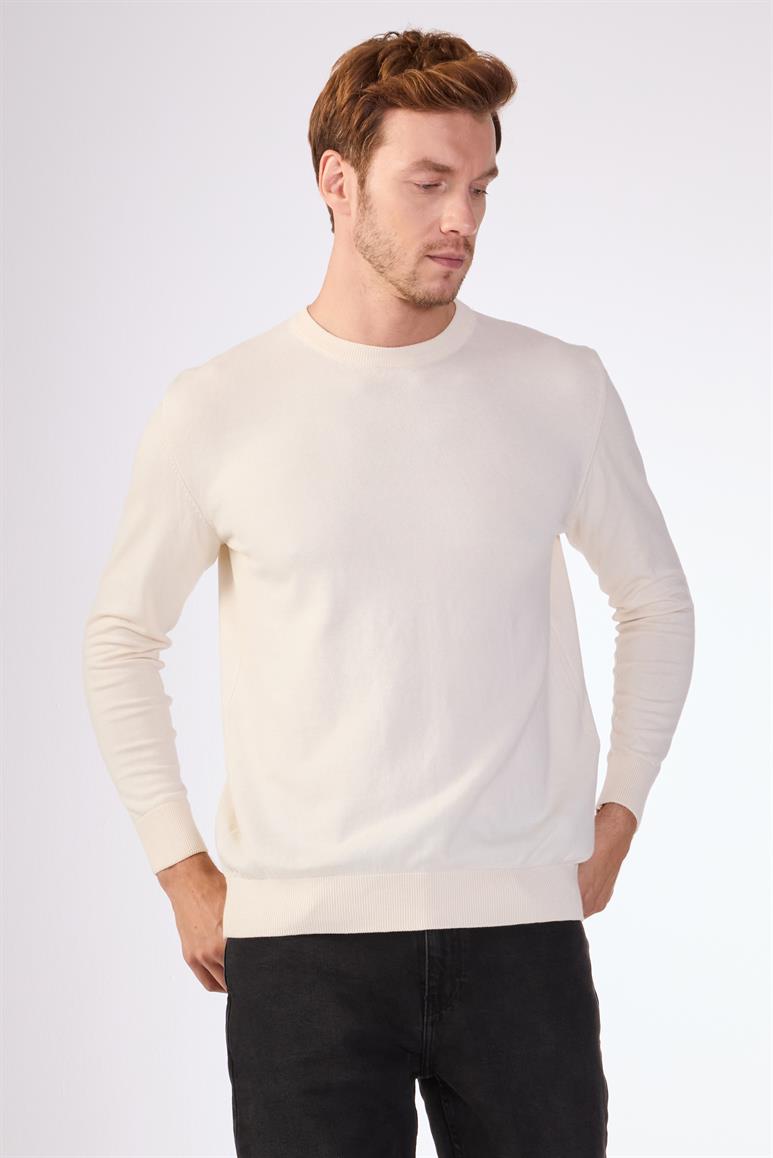 Ekru Bisiklet Yaka %100 Pamuk Düz Renk Slim Fit Erkek Triko