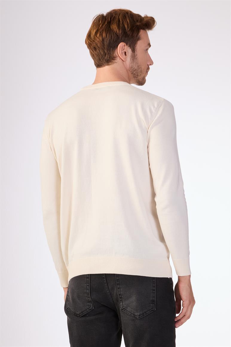 Ekru Bisiklet Yaka %100 Pamuk Düz Renk Slim Fit Erkek Triko