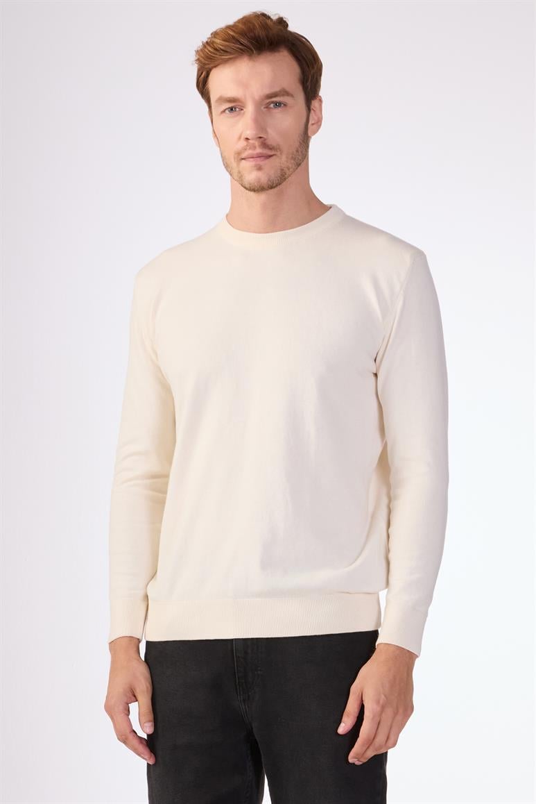Ekru Bisiklet Yaka %100 Pamuk Düz Renk Slim Fit Erkek Triko