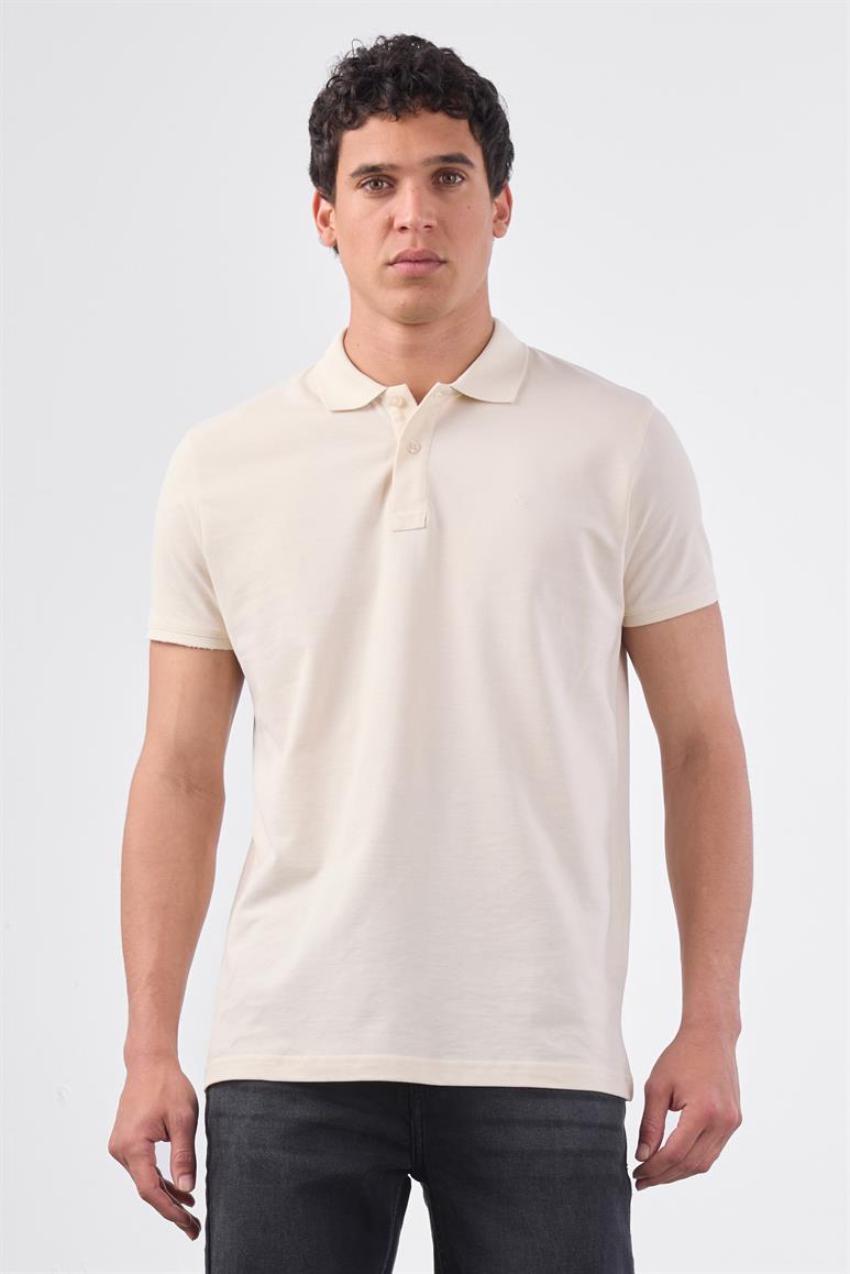 Ekru Polo Yaka Pamuklu Düz Renk Slim Fit Erkek T-shirt