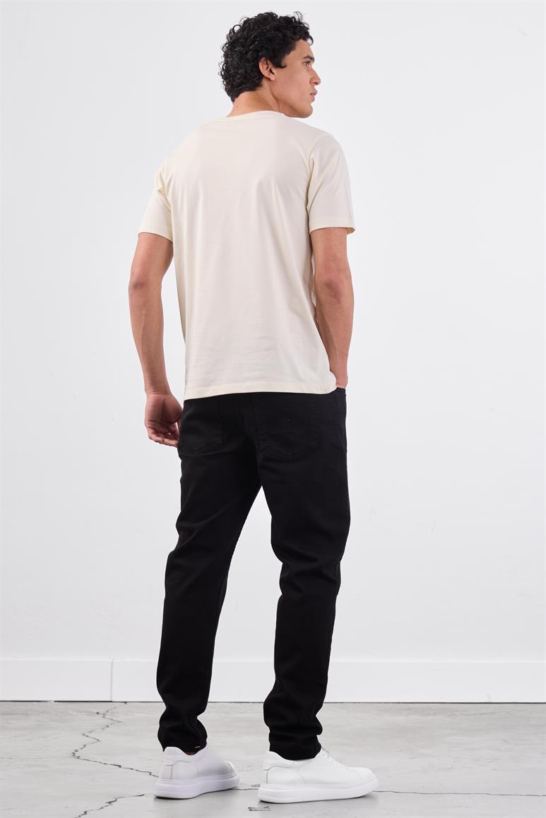 Ekru Bisiklet Yaka Pamuklu Düz Renk Slim Fit Erkek T-shirt