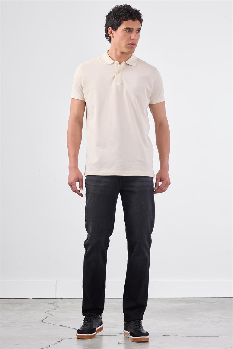 Ekru Polo Yaka Pamuklu Düz Renk Slim Fit Erkek T-shirt