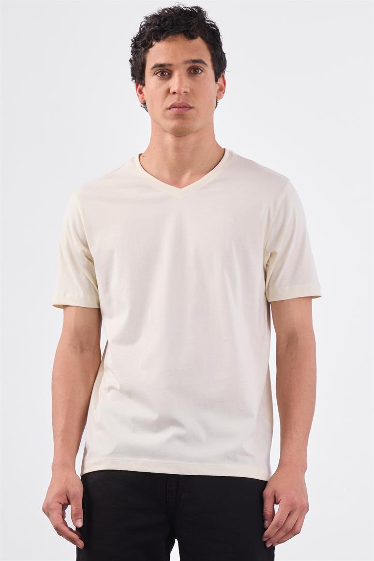 Ekru V Yaka Pamuklu Düz Renk Slim Fit Erkek T-shirt