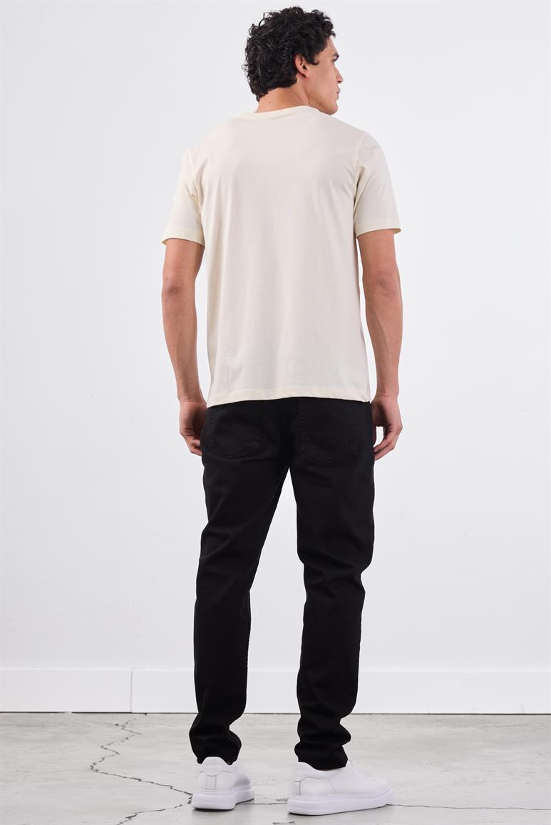 Ekru V Yaka Pamuklu Düz Renk Slim Fit Erkek T-shirt