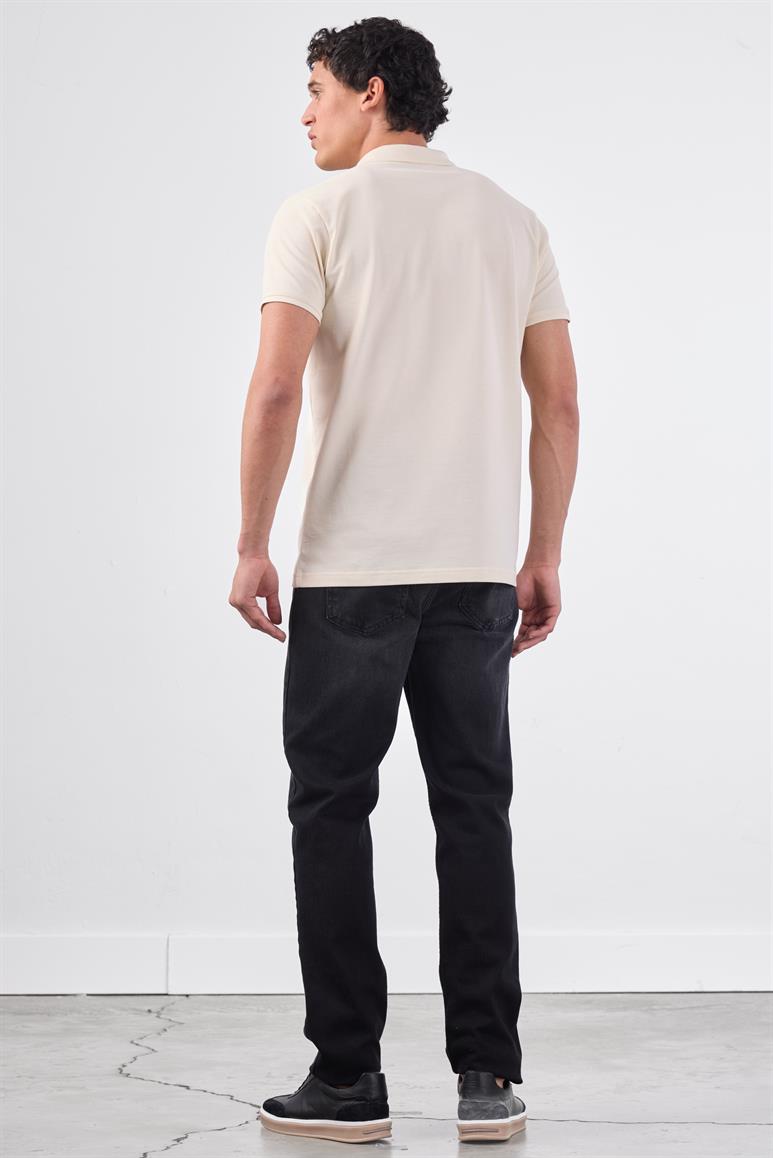 Ekru Polo Yaka Pamuklu Düz Renk Slim Fit Erkek T-shirt