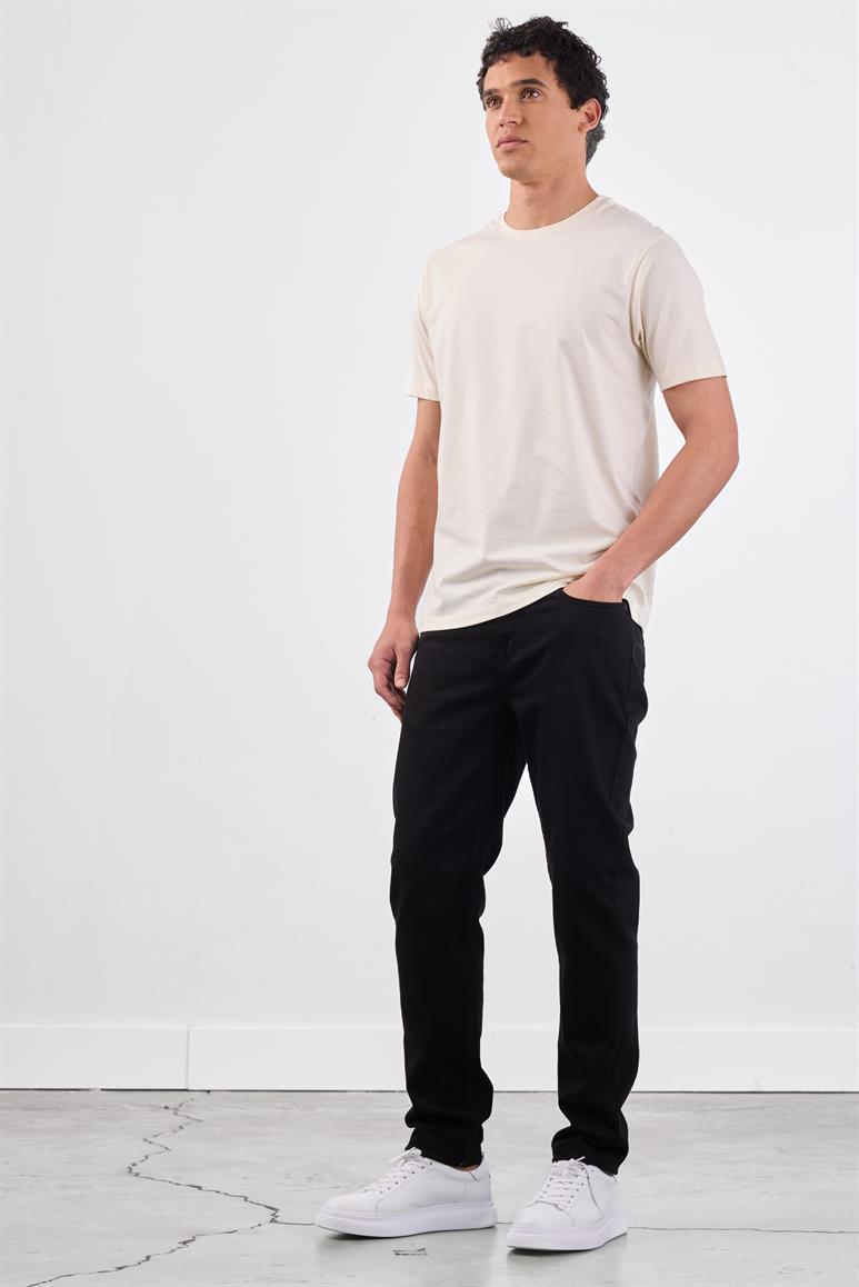 Ekru Bisiklet Yaka Pamuklu Düz Renk Slim Fit Erkek T-shirt
