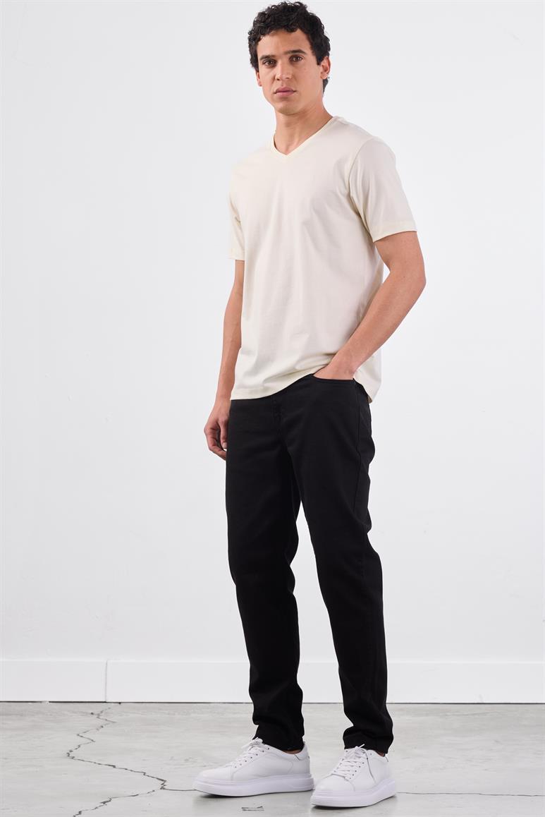 Ekru V Yaka Pamuklu Düz Renk Slim Fit Erkek T-shirt