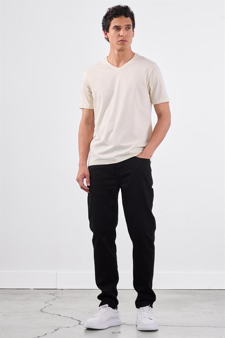 Ekru V Yaka Pamuklu Düz Renk Slim Fit Erkek T-shirt