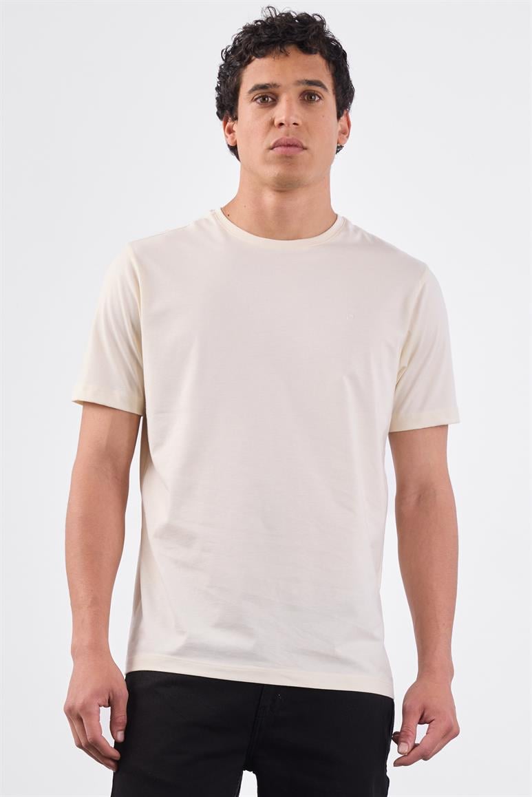 Ekru Bisiklet Yaka Pamuklu Düz Renk Slim Fit Erkek T-shirt