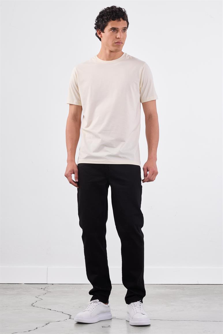 Ekru Bisiklet Yaka Pamuklu Düz Renk Slim Fit Erkek T-shirt