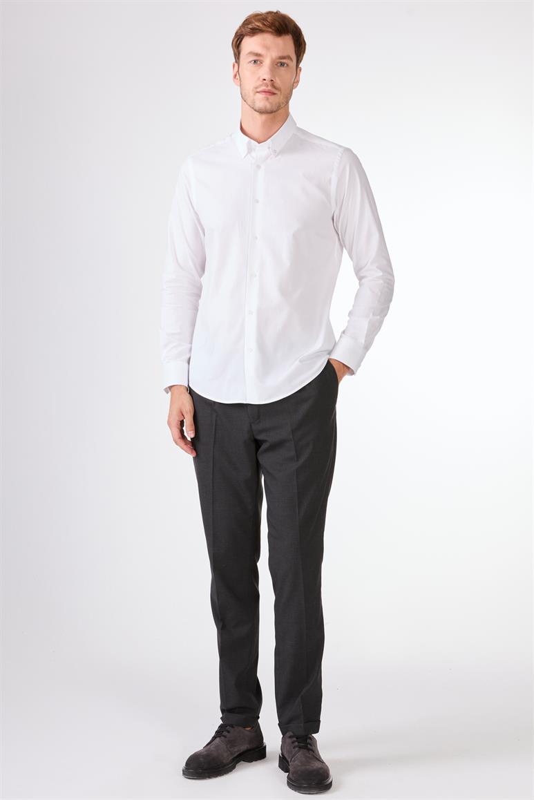 Ekru Düz Uzun Kol Slim Fit Erkek Gömlek 