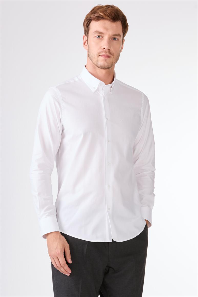 Ekru Düz Uzun Kol Slim Fit Erkek Gömlek 