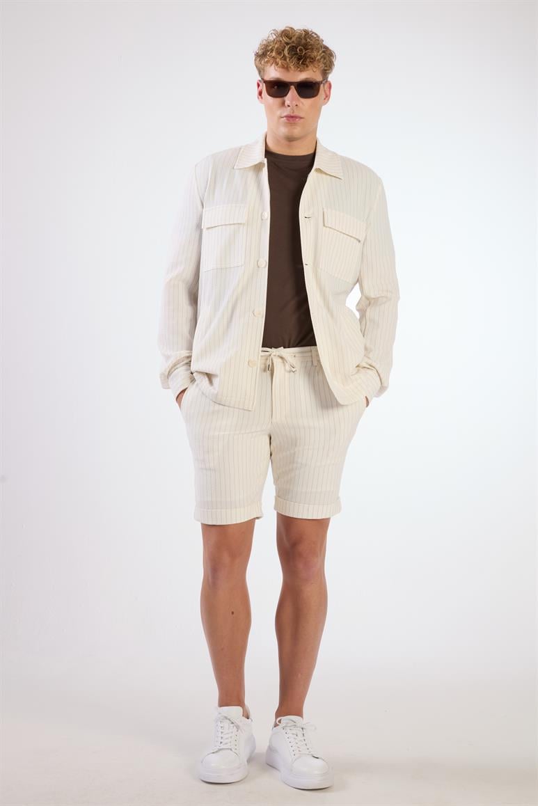 Ekru Erkek Regular Fit Çizgili Brent Yaka Overshirt