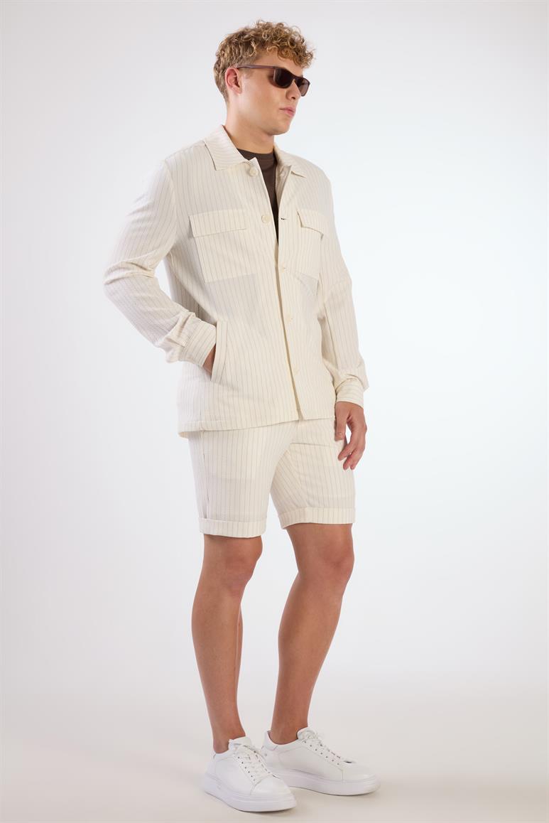 Ekru Erkek Regular Fit Çizgili Brent Yaka Overshirt