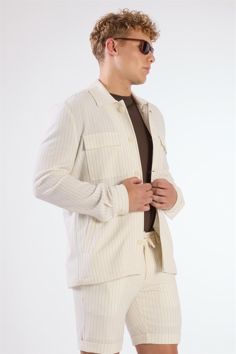 Ekru Erkek Regular Fit Çizgili Brent Yaka Overshirt