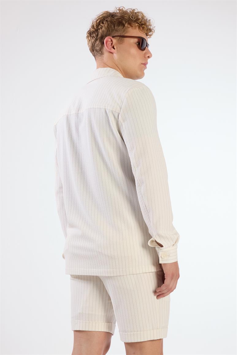 Ekru Erkek Regular Fit Çizgili Brent Yaka Overshirt