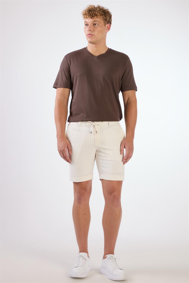 Ekru Erkek Slim Fit Çizgili Casual Short 