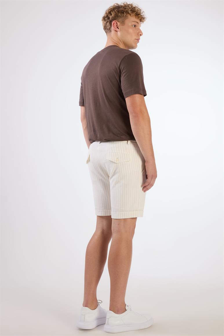 Ekru Erkek Slim Fit Çizgili Casual Short 
