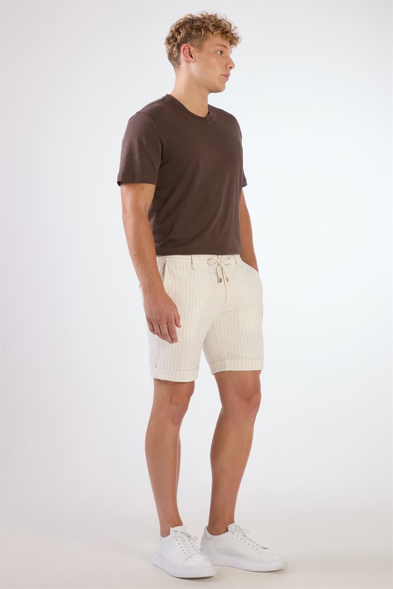 Ekru Erkek Slim Fit Çizgili Casual Short 