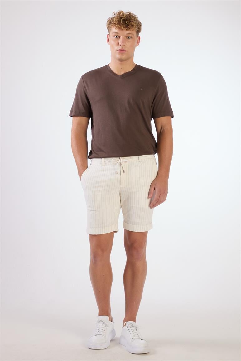 Ekru Erkek Slim Fit Çizgili Casual Short 