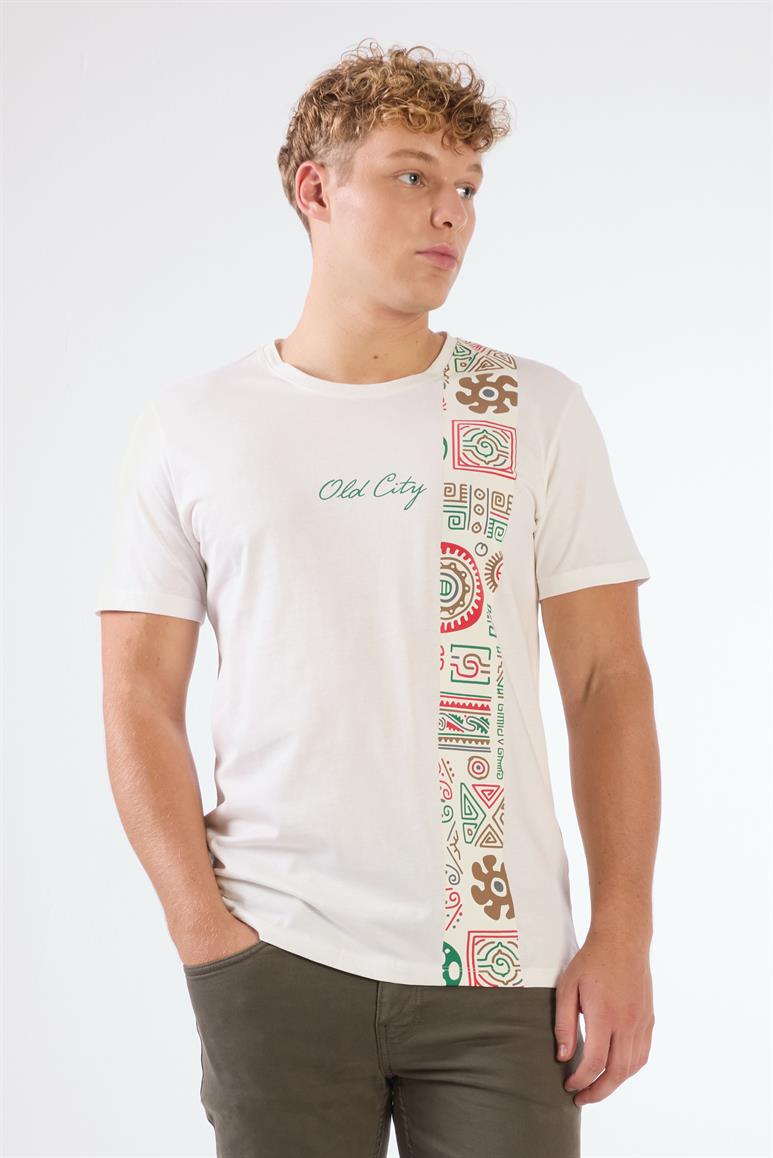 Ekru Erkek Slim Fit Desenli O Yaka T-shirt 