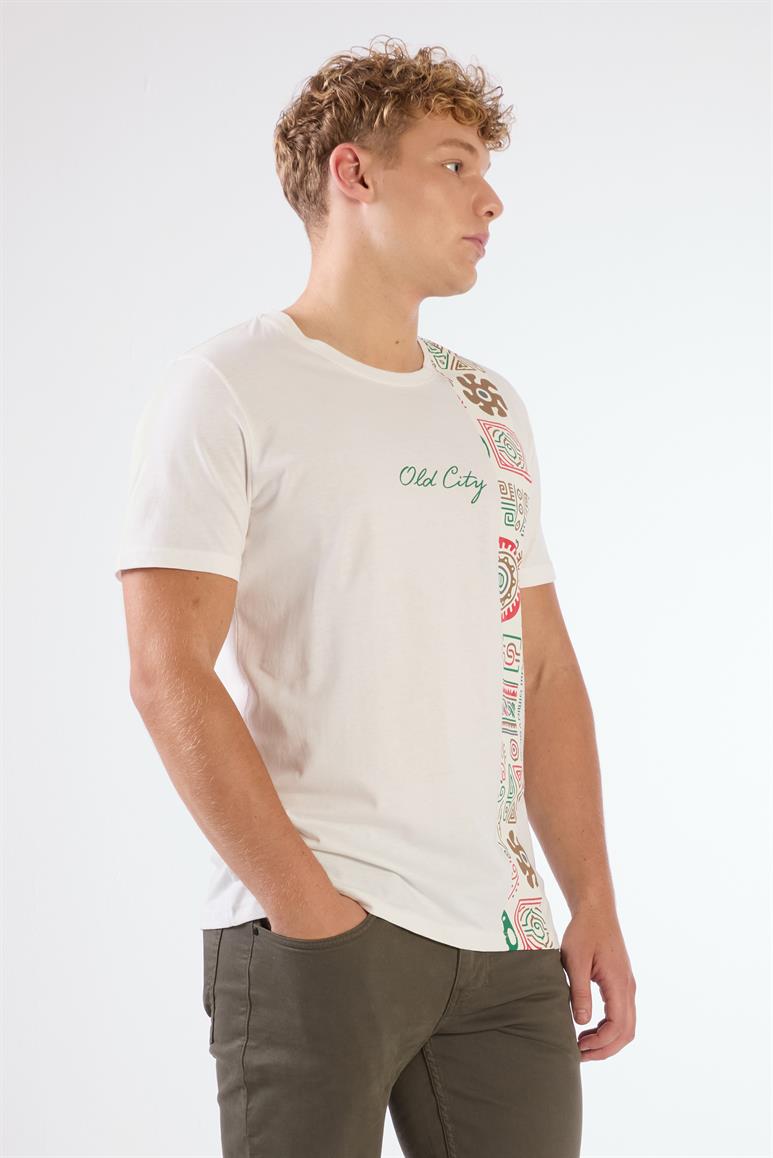 Ekru Erkek Slim Fit Desenli O Yaka T-shirt 