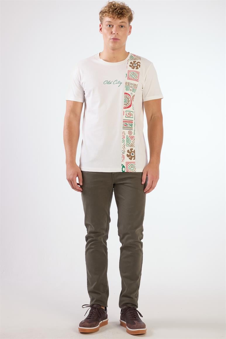 Ekru Erkek Slim Fit Desenli O Yaka T-shirt 