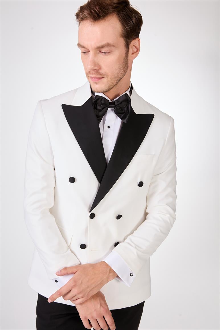 Ekru Erkek Slim Fit Düz Sivri Yaka Smokin Takım 