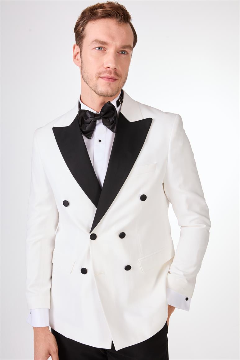 Ekru Erkek Slim Fit Düz Sivri Yaka Smokin Takım 