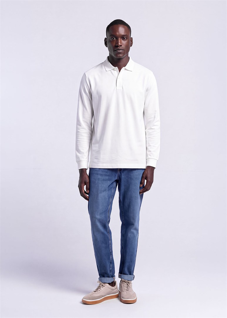 Erkek Regular Fit Polo Yaka Beyaz Sweatshirt