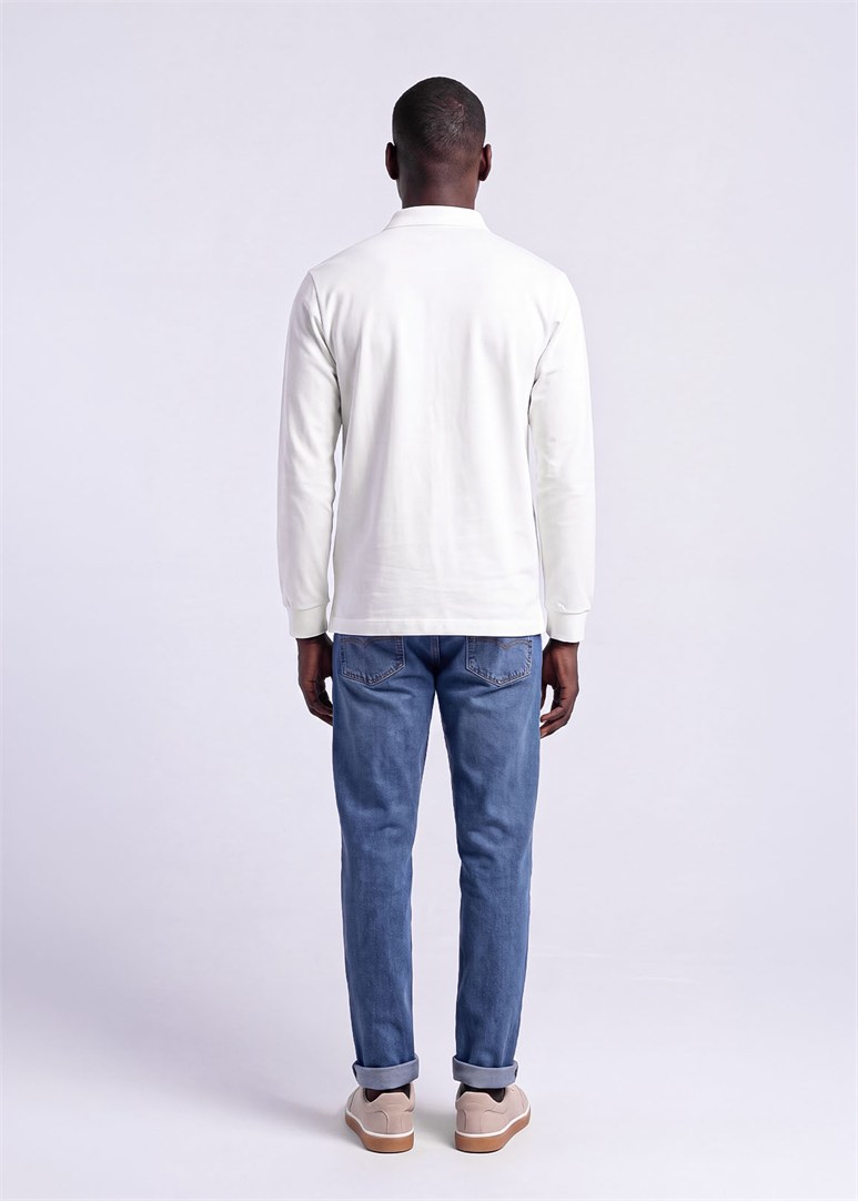 Erkek Regular Fit Polo Yaka Beyaz Sweatshirt