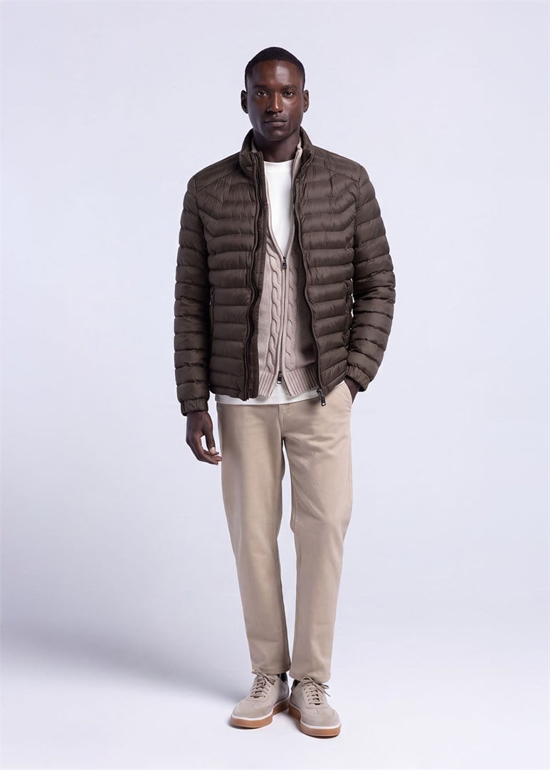 Erkek Slim Fit Dik Yaka Haki Mont