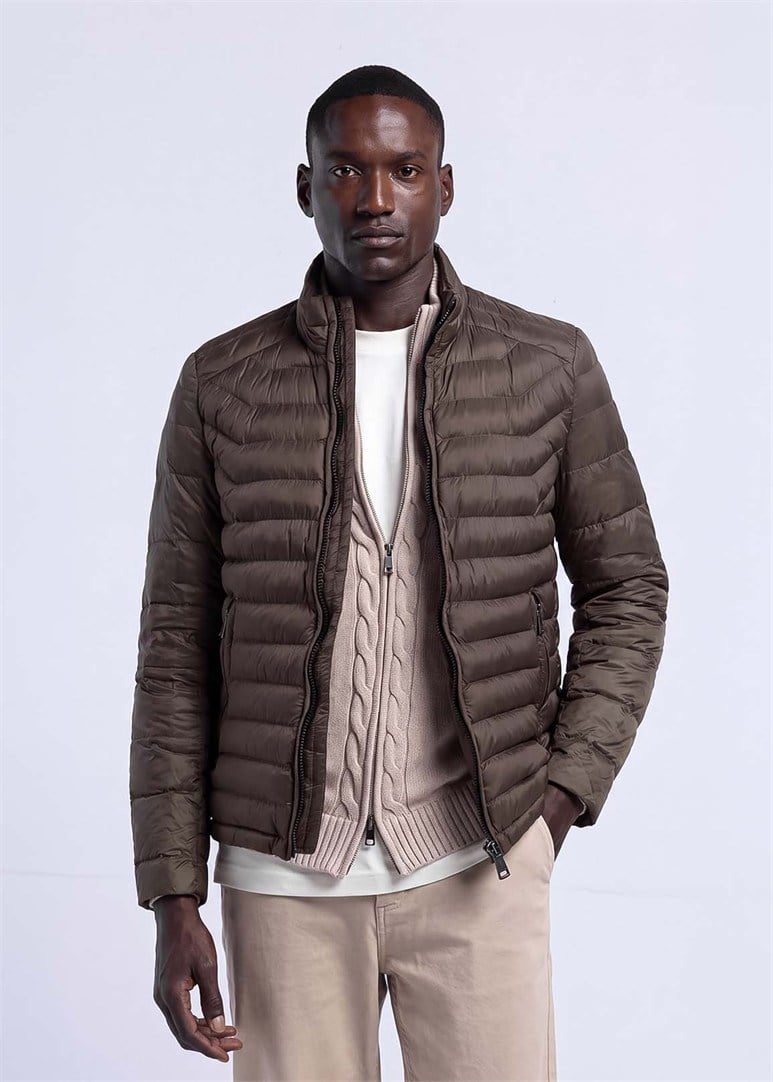 Erkek Slim Fit Dik Yaka Haki Mont