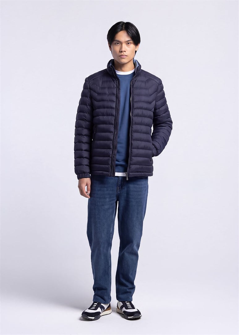Erkek Slim Fit Dik Yaka Lacivert Mont