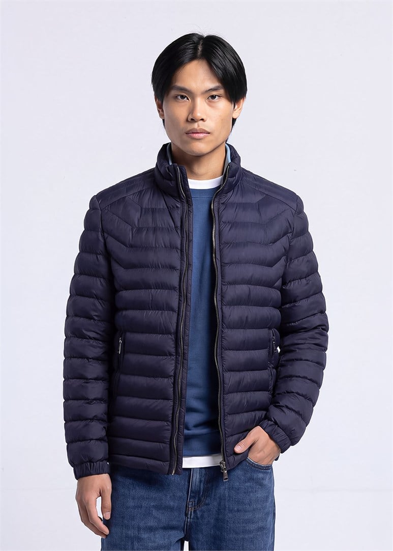 Erkek Slim Fit Dik Yaka Lacivert Mont