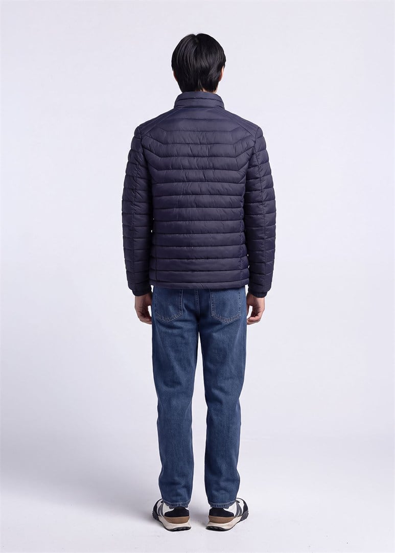 Erkek Slim Fit Dik Yaka Lacivert Mont