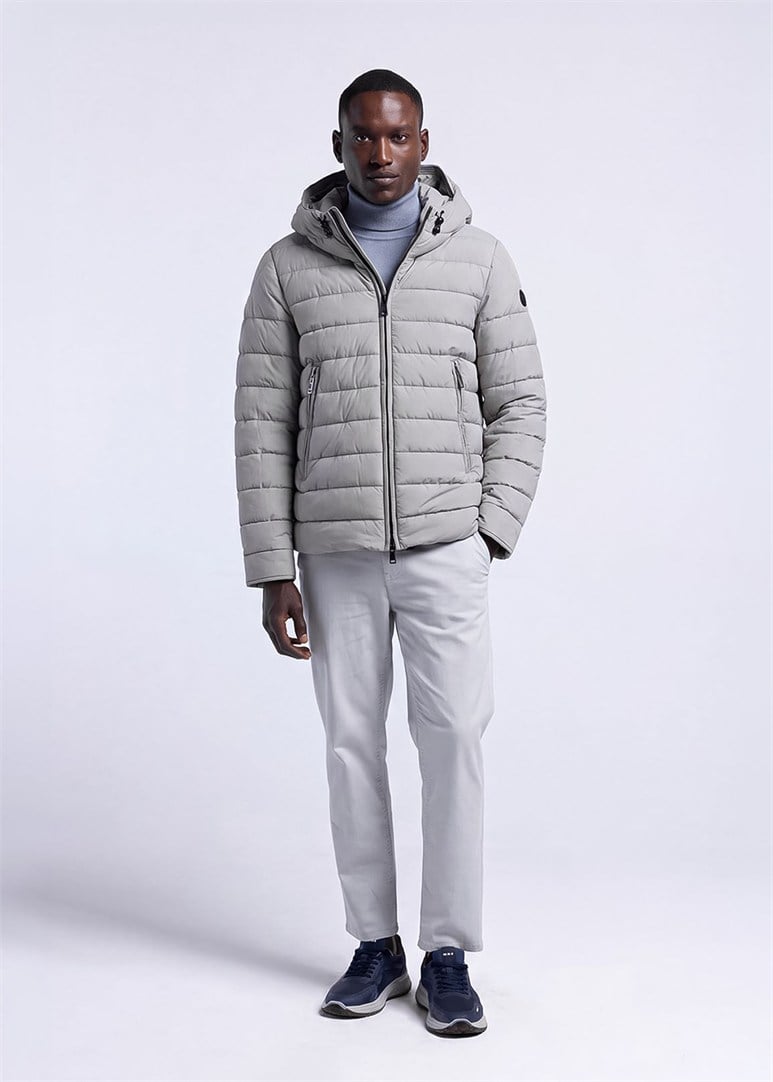 Erkek Slim Fit Kapüşonlu Açık Gri Mont