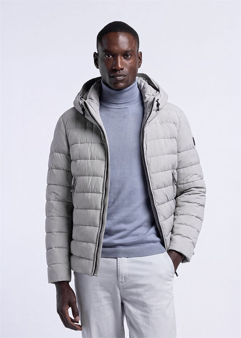 Erkek Slim Fit Kapüşonlu Açık Gri Mont