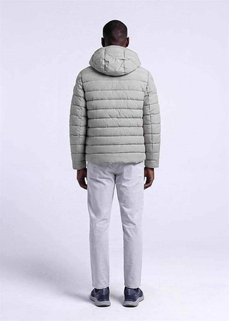Erkek Slim Fit Kapüşonlu Açık Gri Mont