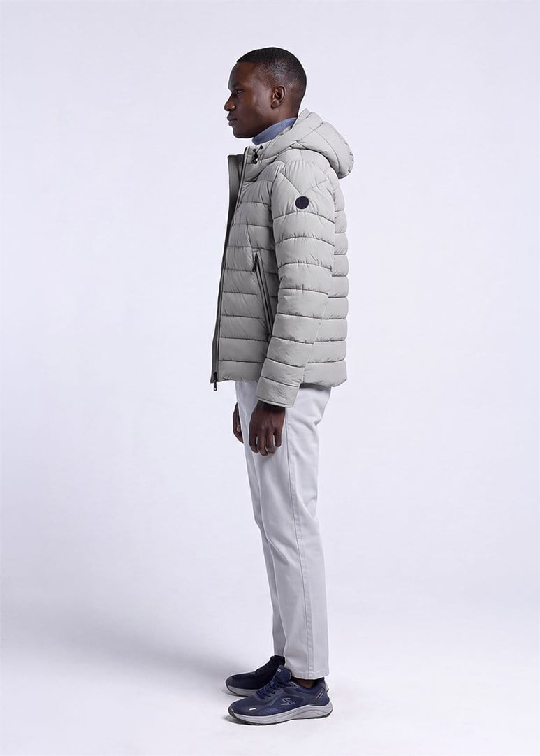 Erkek Slim Fit Kapüşonlu Açık Gri Mont