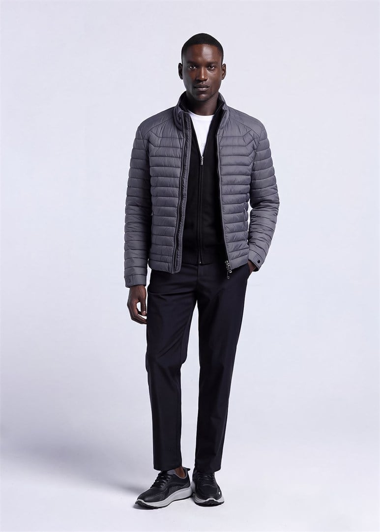 Erkek Slim Fit Kapüşonlu Antrasit Mont