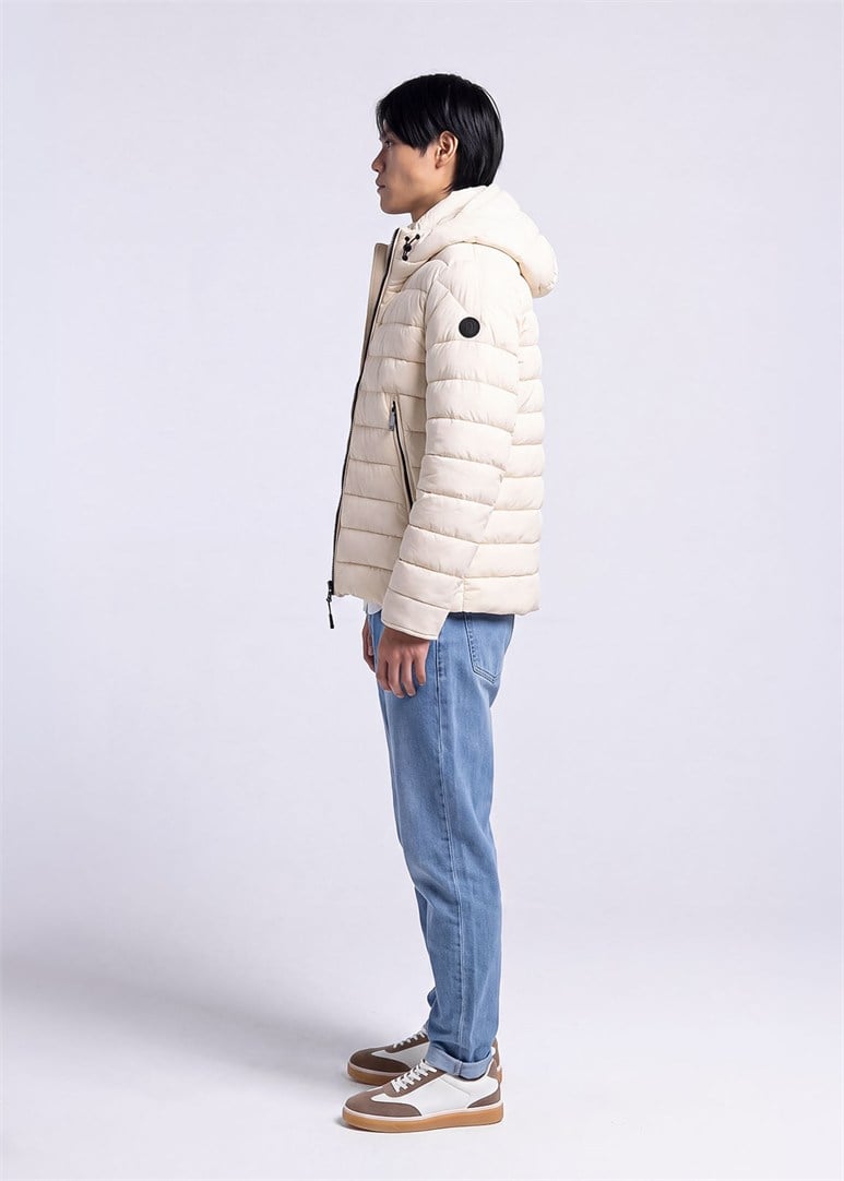Erkek Slim Fit Kapüşonlu Bej Mont