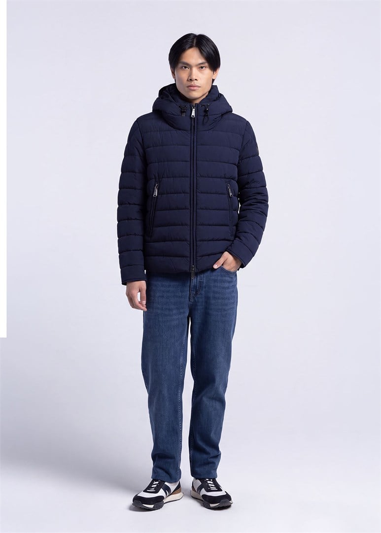 Erkek Slim Fit Kapüşonlu Lacivert Mont