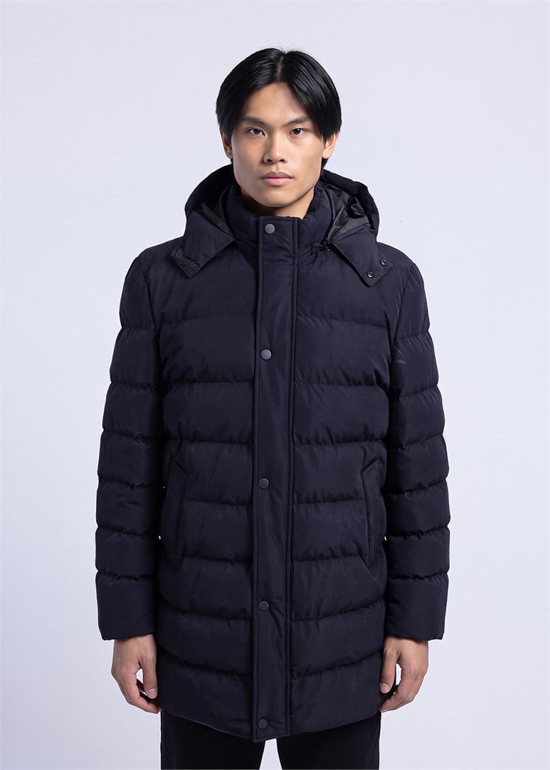 Erkek Slim Fit Kapüşonlu Lacivert Mont