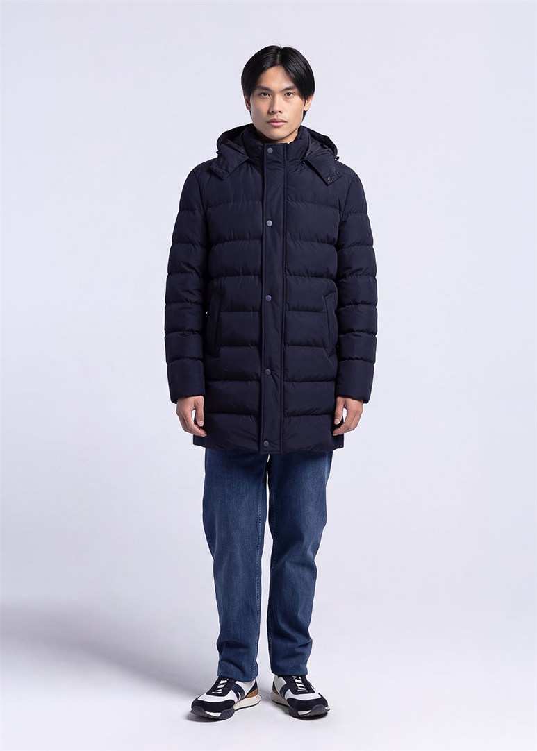 Erkek Slim Fit Kapüşonlu Lacivert Mont